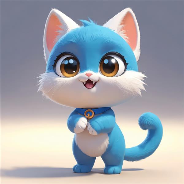 بچه گربه آبی رنگ فانتزی با چشم قهوه‌ای و قلاده آبی طلایی