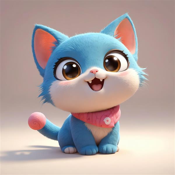 بچه گربه آبی کارتونی با چشمان درشت عسلی و شال گردن صورتی