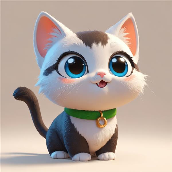 بچه گربه سیاه و سفید با چشمان آبی درخشان و قلاده سبز برای دکور دیوار