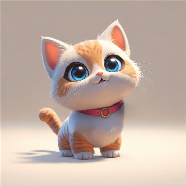 بچه گربه نارنجی و سفید راه راه با چشمان آبی درشت و قلاده صورتی