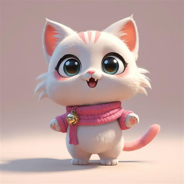 بچه گربه سفید با شال گردن بافتنی صورتی، زنگوله طلایی و چشمان آبی