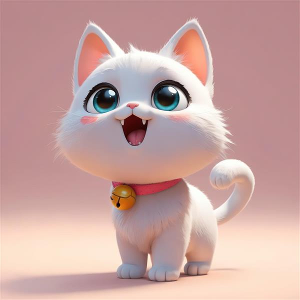 بچه گربه سفید خندان با چشمان آبی درشت، قلاده صورتی و پس‌زمینه محو