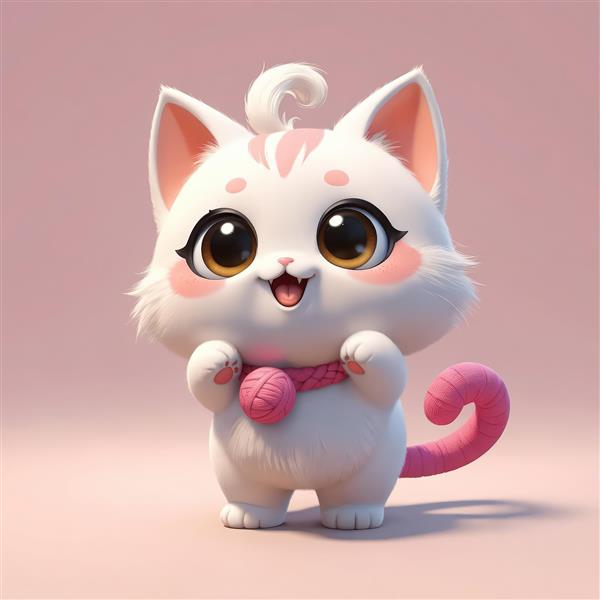 بچه گربه سفید و صورتی با چشم عسلی، توپ صورتی کاموا و دم فر خورده