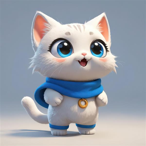 بچه گربه سفید بامزه با شنل آبی و چشمان درشت آبی، آماده برای پرواز