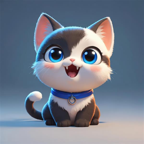 بچه گربه سیاه و سفید با چشمان آبی، قلاده آبی تیره و دهان خندان