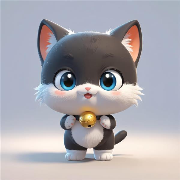 بچه گربه مشکی و سفید با چشمان آبی درخشان و زنگوله طلایی بزرگ