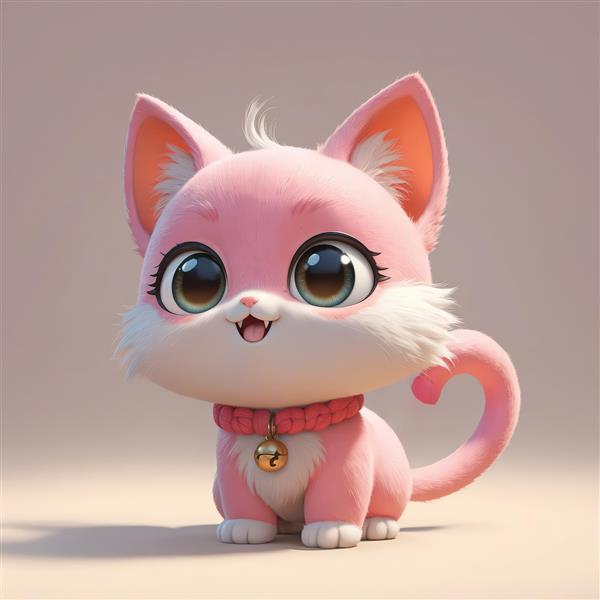 بچه گربه صورتی عروسکی با چشمان درشت عسلی و قلاده بافتنی با زنگوله