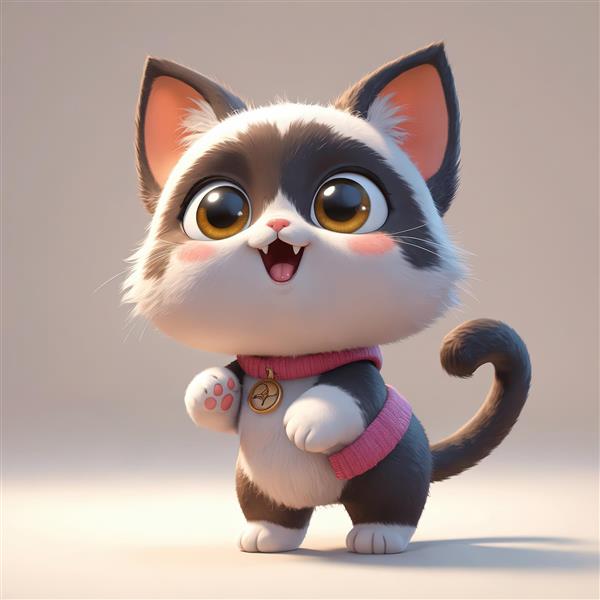 بچه گربه سیاه و سفید با چشمان عسلی، لباس صورتی و قلاده طلایی