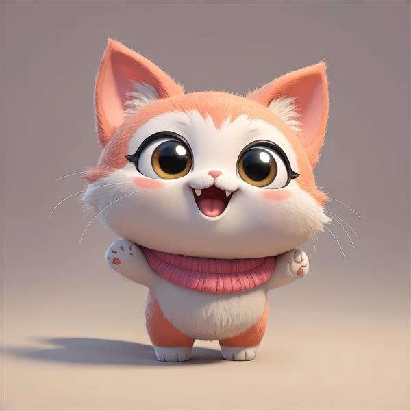 بچه گربه نارنجی و سفید کارتونی با دهان خندان و شال گردن صورتی بافتنی