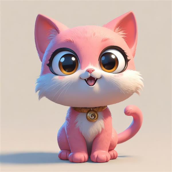 بچه گربه صورتی کارتونی با چشمان درشت عسلی و قلاده طلایی برای دکور