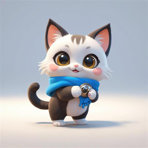 بچه گربه سیاه و سفید با شال گردن آبی و گرفتن زنگوله نقره‌ای در دست