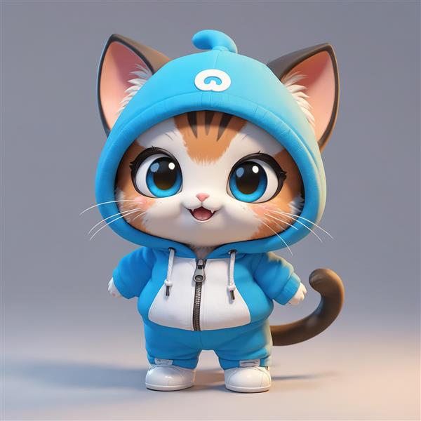 بچه گربه نارنجی راه راه با هودی و شلوار آبی، لباس فانتزی کارتونی