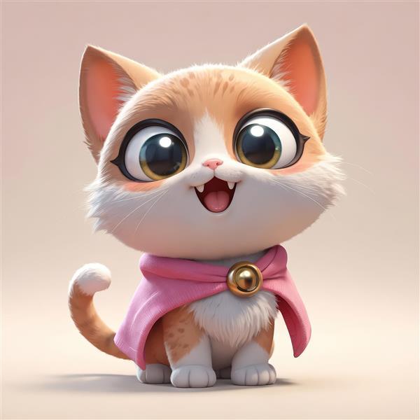 بچه گربه نارنجی و سفید با شنل صورتی و دکمه طلایی، آماده برای چاپ پوستر