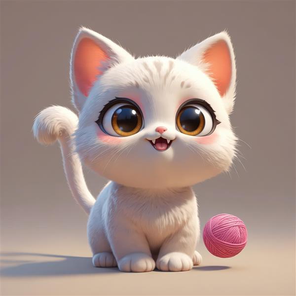 بچه گربه سفید بانمک با توپ صورتی کاموا و چشمان قهوه‌ای درشت