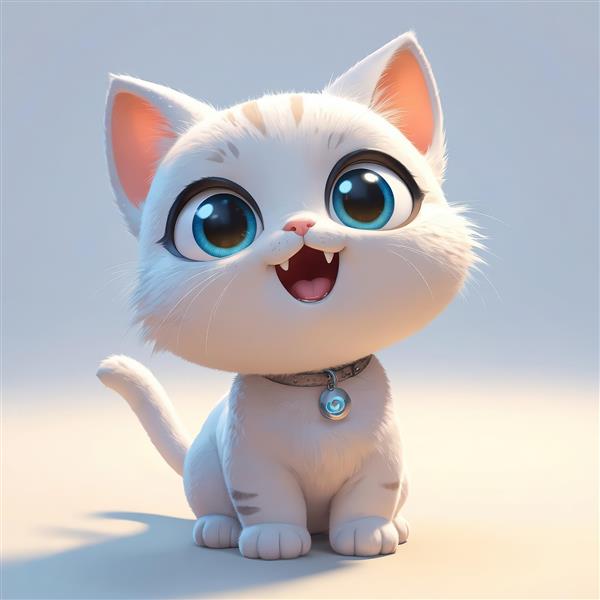 بچه گربه سفید راه راه با چشمان آبی درشت و قلاده خاکستری با آویز الماس