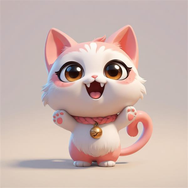 عروسک بچه گربه کارتونی سفید و صورتی خندان با قلاده و زنگوله طلایی