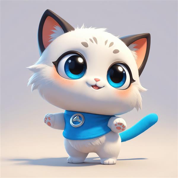 بچه گربه سفید بامزه با جلیقه آبی، چشمان درشت آبی و پس‌زمینه روشن