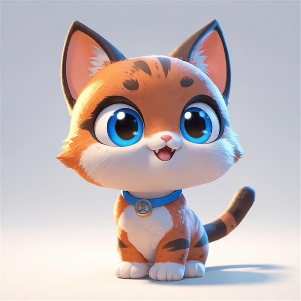 بچه گربه نارنجی و سفید راه راه با چشمان آبی درخشان و قلاده آبی