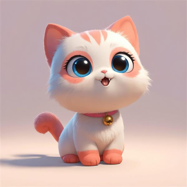 بچه گربه سفید و صورتی کارتونی با چشمان آبی درشت و قلاده زنگوله‌دار