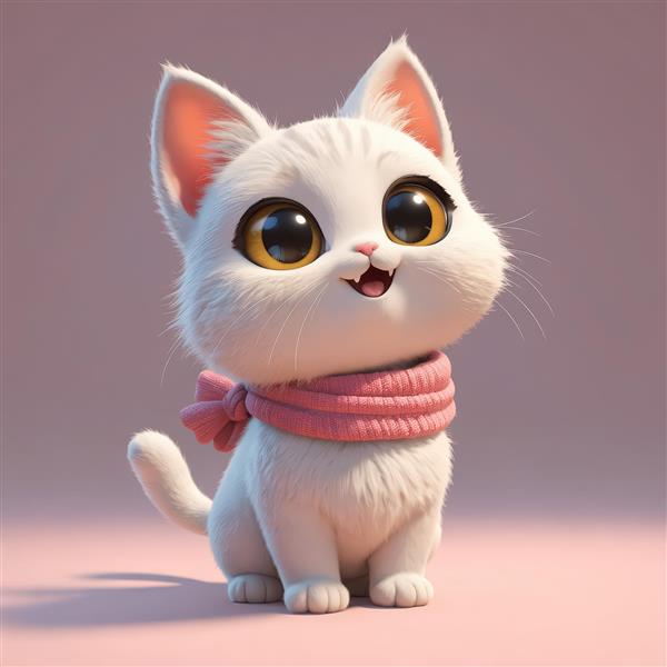 بچه گربه سفید بامزه با چشمان عسلی درشت و شال گردن بافتنی صورتی