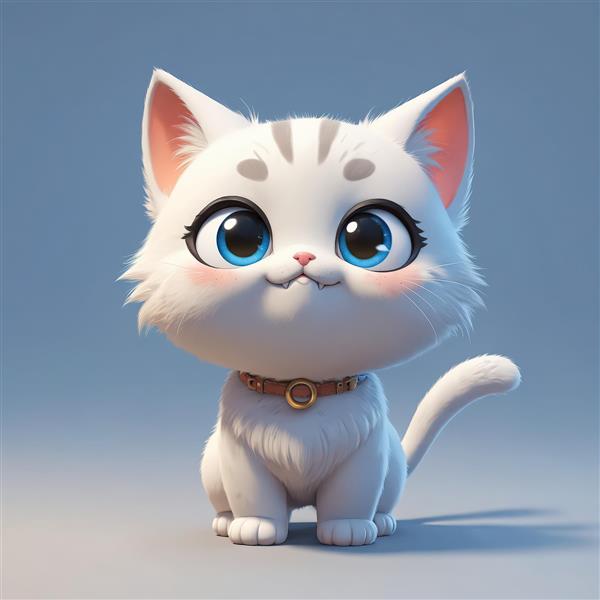 بچه گربه سفید کارتونی اخمو با چشمان درشت آبی و قلاده قهوه‌ای ساده