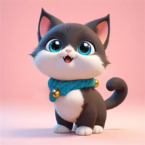 بچه گربه مشکی و سفید خندان با شال گردن آبی و چشمان درشت آبی رنگ