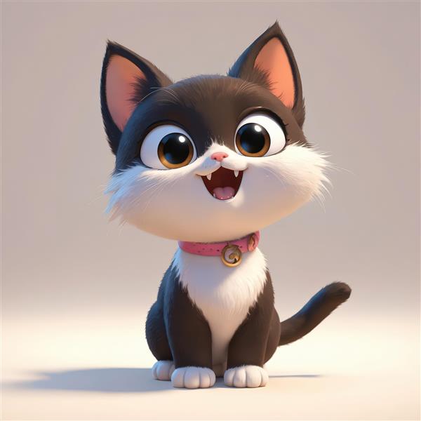 بچه گربه سیاه و سفید با قلاده صورتی و زنگوله طلایی، پس‌زمینه روشن