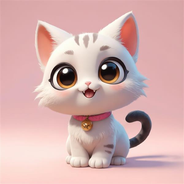 بچه گربه سفید کارتونی با خطوط خاکستری، قلاده صورتی و چشمان قهوه‌ای