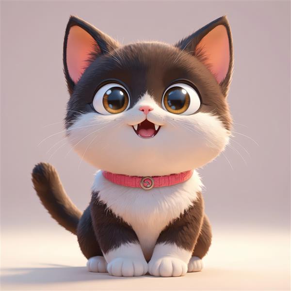 بچه گربه قهوه‌ای و سفید خندان با قلاده صورتی و چشم‌های عسلی درشت