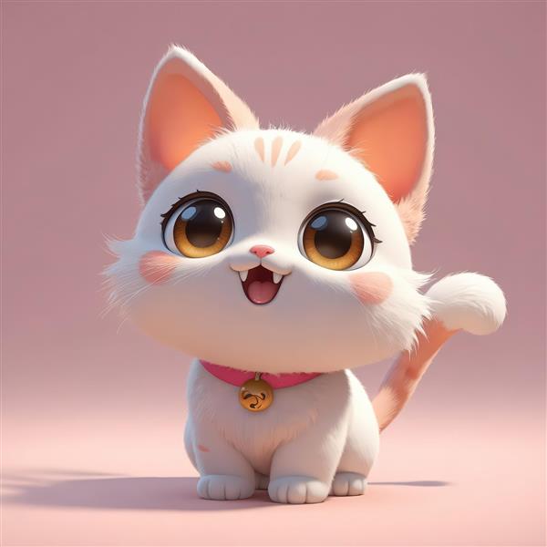 بچه گربه سفید بانمک با رگه‌های نارنجی، چشمان درشت عسلی و قلاده صورتی
