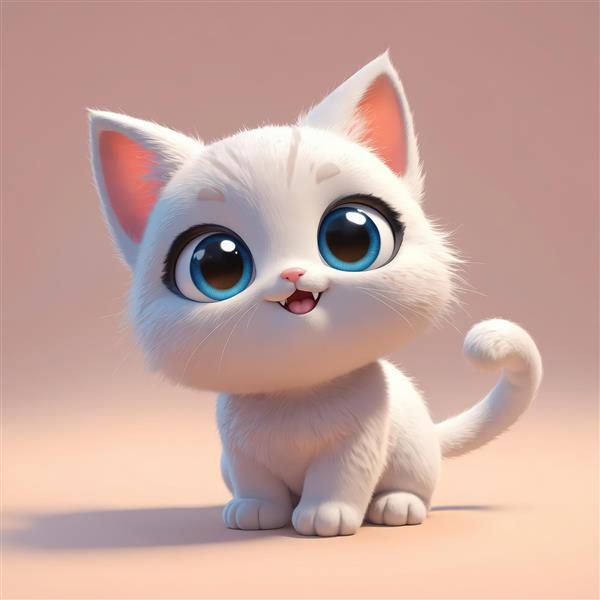 بچه گربه سفید بامزه با چشمان درشت آبی و پس‌زمینه محو صورتی