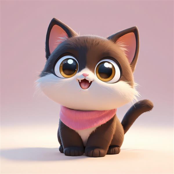 بچه گربه بامزه قهوه‌ای و سفید با دهان خندان و شال گردن صورتی