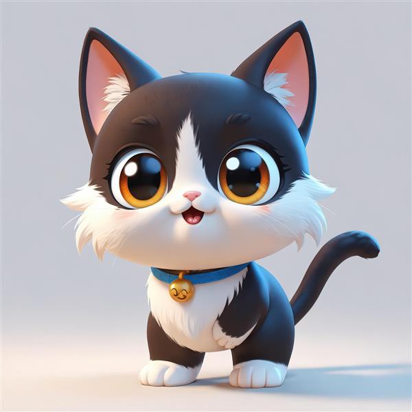 بچه گربه کارتونی سیاه و سفید با چشمان درشت عسلی و قلاده آبی زنگوله‌دار