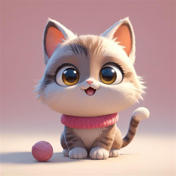 عروسک گربه خانگی مو کوتاه با کلاف نخ صورتی و یقه بافتنی صورتی، کیفیت دکوراتیو