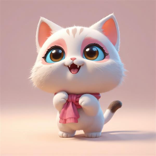 تصویر گربه فانتزی با چشمان بزرگ و دستمال گردن صورتی، حیوان خانگی سفید و قهوه‌ای