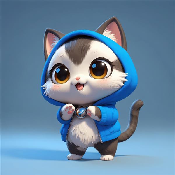 فیگور گربه با هودی آبی حیوان خانگی کارتونی بامزه با کلاه و زیپ، مناسب پس‌زمینه موبایل