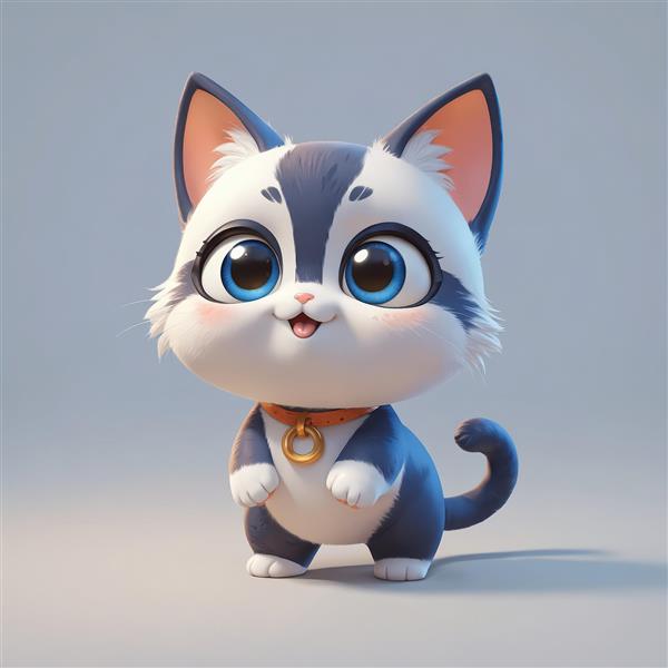 عروسک گربه بامزه کارتونی با چشمان آبی، پوزه سفید و گردنبند طلایی، زمینه روشن