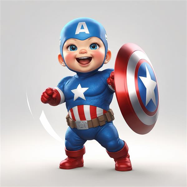 تصویر سه بعدی کاپیتان آمریکا کودکانه با سپری که در حرکت است، ژست شاد