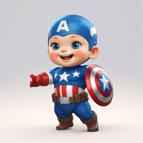 تصویر کارتونی کاپیتان آمریکا در حال اشاره، فیگور چاقالو با سپر و ماسک آبی