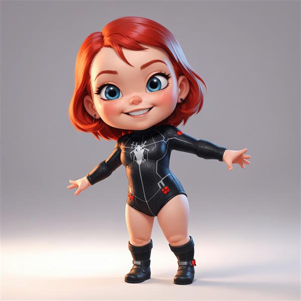 عروسک اسپایدرلیدی مو نارنجی چشم آبی با بادی‌سوت مشکی و سفید، مناسب تابلو دکوراتیو