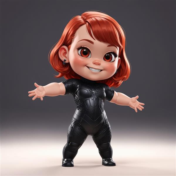 تصویر استوک 3D فیگور دخترانه با لباس چسبان مشکی طرحدار، موهای کوتاه و نارنجی