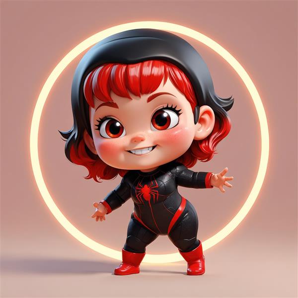 کاراکتر 3D اسپایدرمن (نسخه دخترانه) با کلاه مشکی و نور نئونی دایره‌ای، زمینه صورتی