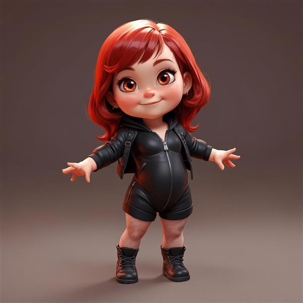 عروسک دختر موتور سوار مو قرمز، لباس چرمی کاپشن‌دار و شورتک مشکی، مناسب پوستر