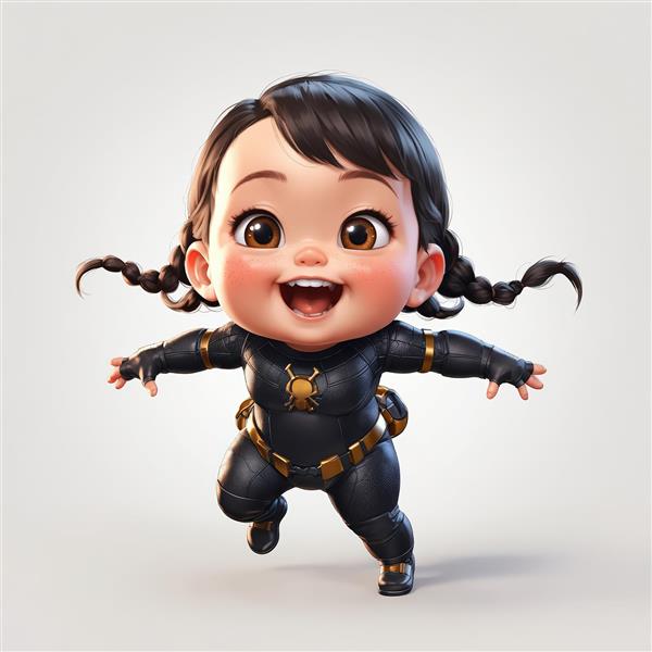 فیگور کارتونی دختر شجاع مو بافته شده با لباس چرمی مشکی و کمربند طلایی، ژست پرش
