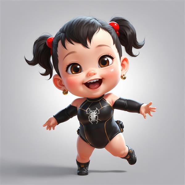 عروسک اسپایدرلیدی مو مشکی دم‌خرگوشی، لباس بادی با نشان عنکبوت و چکمه، کیفیت بالا