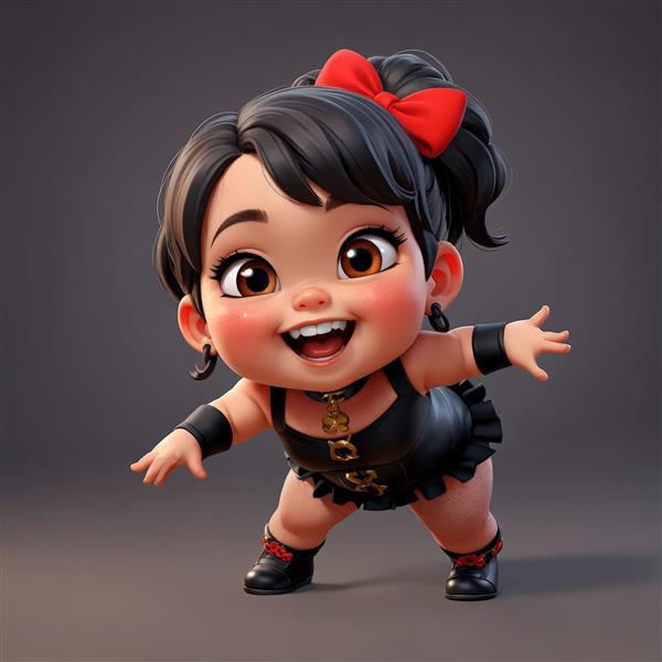 تصویر سه بعدی دختر شاد با موهای مشکی دم اسبی و پاپیون قرمز، مناسب طراحی کودک