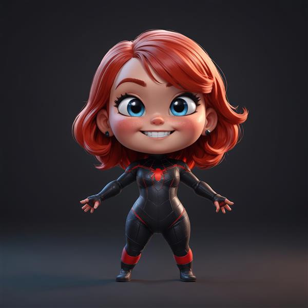 فیگور کارتونی دختر قهرمان چشم آبی با لباس سوپر هیرو مشکی و خطوط قرمز، موی نارنجی