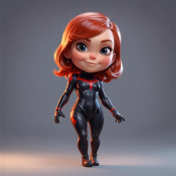 تصویر فول‌بادی دختر قهرمان با لباس چسبان مشکی و خطوط قرمز، موهای قهوه‌ای روشن