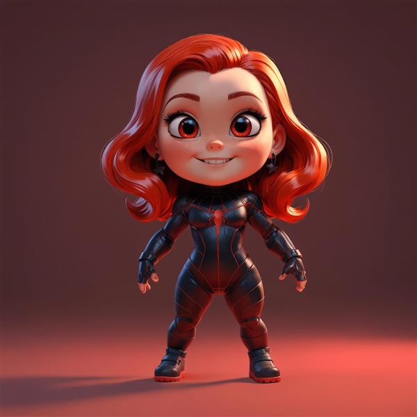 کاراکتر 3D دختر مبارز موهای بلند موج‌دار قرمز، لباس مشکی با طرح تار عنکبوت