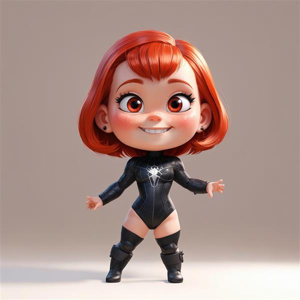 فیگور دختر سوپرقهرمان مو قرمز با بادی‌سوت مشکی و نماد عنکبوت سفید، وضوح بالا